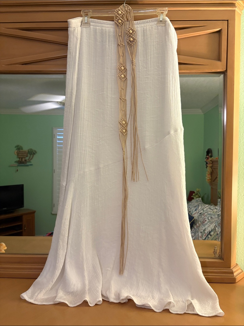 AB Studio White Maxi Skirt with Braided Beige Tie Detail